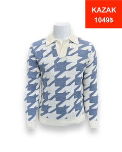 Standard Fit Collar Houndstooth Blue Pattern Men's Hampton Sweater