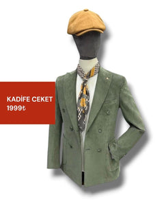 Velluto Khaki Double-Breasted Velvet Fabric Jacket with Patch Pockets (Discounted Price)