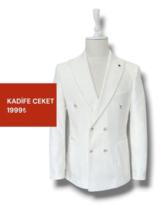 Velluto White Double-Breasted Velvet Fabric Jacket with Patch Pockets (Sale Price)