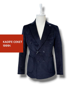 Velluto Navy Blue Double-Breasted Velvet Jacket with Patch Pockets - Sale