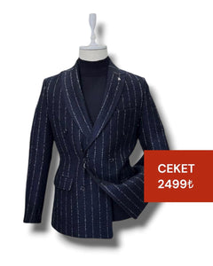 Slim Fit Thick Cashmere Double-Breasted Navy Silver Jacket | Sale