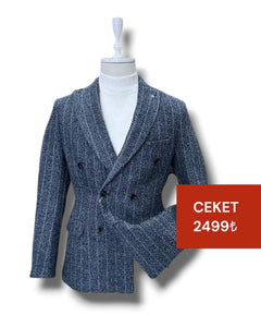 Slim Fit Thick Cashmere Double-Breasted Blue Silver Jacket | Sale