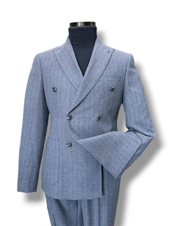 Slim Fit Yün Karışımlı Kruvaze Çizgili Royal Mavi Takım Elbise